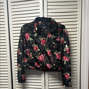 Black and Pink Floral Bomber velvet Jacket